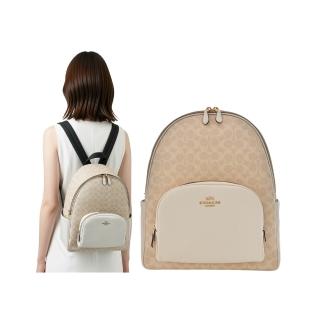 【COACH】拉鍊雙層多口袋後背包(卡其/C LOGO PVC/拼接/白堊色/荔枝紋皮革)(大款)