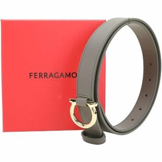 【Salvatore Ferragamo】GANCINI 25mm 皮帶 馬蹄扣小牛皮腰帶(灰綠)(真皮 莫蘭迪色)
