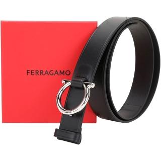 【Salvatore Ferragamo】GANCINI 35mm 皮帶 馬蹄拋光銀扣 滑面牛皮腰帶(黑色 真皮)