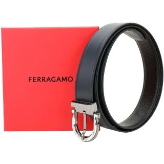 【Salvatore Ferragamo】32mm 皮帶 可拆式馬蹄型雋刻扣頭 小牛皮雙面腰帶(深藍x黑色)(旋轉頭 真皮)