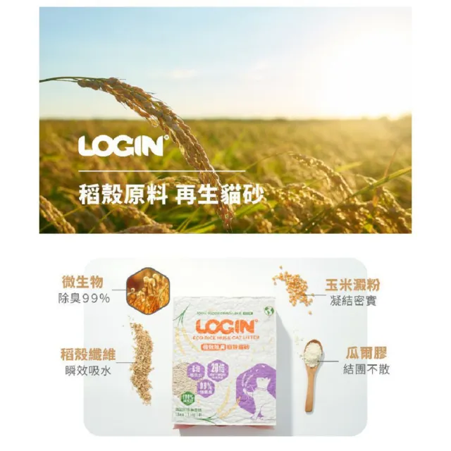 【LOGIN】洛格稻殼貓砂1.5mm 6包入/箱(貓砂 稻殼貓砂 2秒凝結 除臭 可沖馬桶)