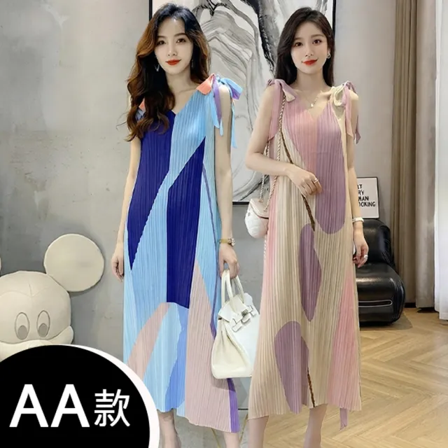 【K.W.】MOMO限定春季新品韓國簡約三宅風輕褶衣洋裝(壓褶 中大尺碼 短袖 輕薄 小香風)