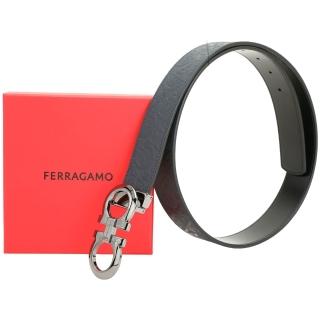 【Salvatore Ferragamo】Gancini 皮帶 金屬馬蹄扣 牛皮壓花雙面腰帶(深藍x黑)(真皮 精品老花 腰釦)