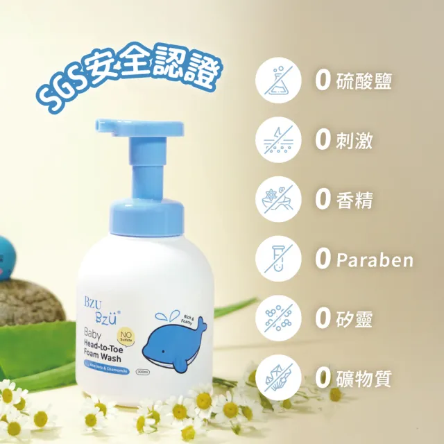 【BZU BZU】嬰兒洗髮沐浴慕斯 300ml(綿密泡泡、蘆薈與洋甘菊、易敏肌 嬰兒 洗澡洗頭洗髮沐浴乳)