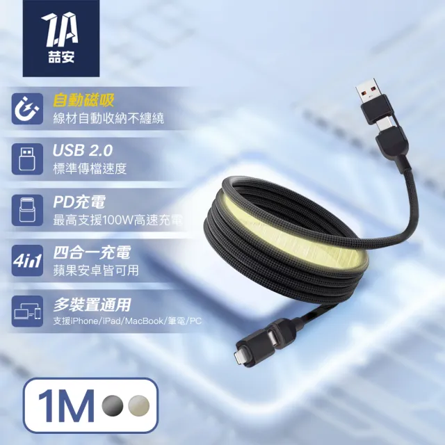 【ZA 喆安】四合一 Type-C to Type-C磁吸編織充電線1m(適用蘋果iPhone17/16/15/MacBook/手機快充線)