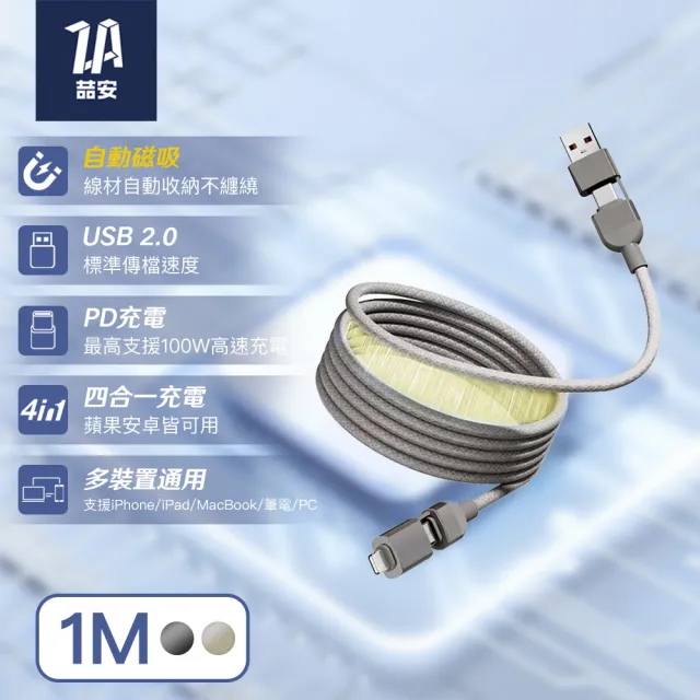 【ZA 喆安】四合一 Type-C to Type-C磁吸編織充電線1m(適用蘋果iPhone17/16/15/MacBook手機快充線)