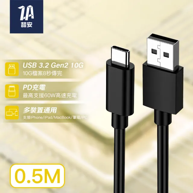 【ZA 喆安】USB3.2 Gen2 10G Type-C充電線50cm USB-A to Type-C傳輸線 適用iPhone 17/筆電/手機快充線
