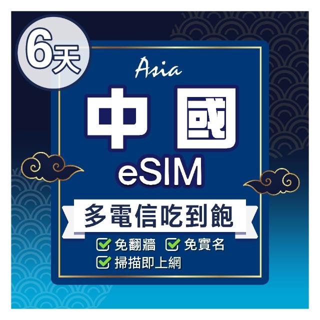 【環亞電訊】eSIM中國6天多電信吃到飽(24H自動發貨 中國網卡 大陸 免翻牆 免換卡 eSIM)