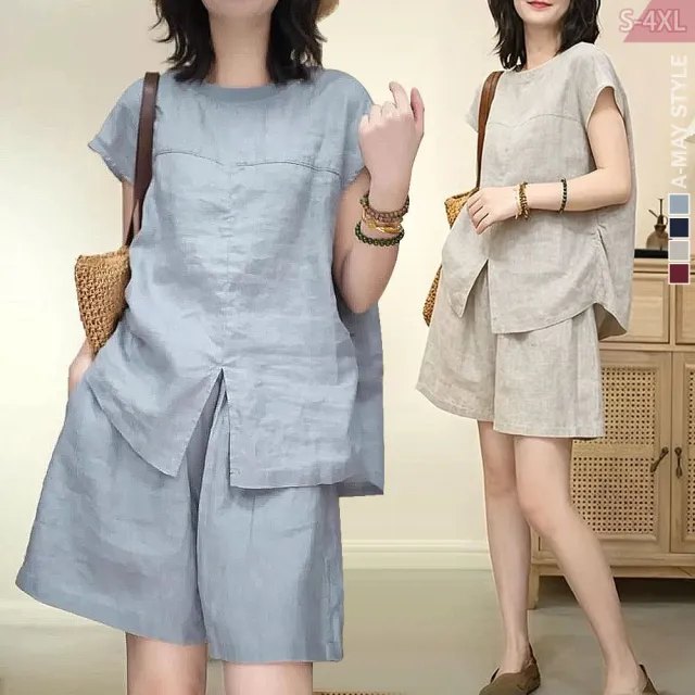 【Amay Style 艾美時尚】夏新品 中大尺碼女裝 套裝 兩件式日系亞麻風純色短袖短褲套裝。S-4XL(4色.預購)