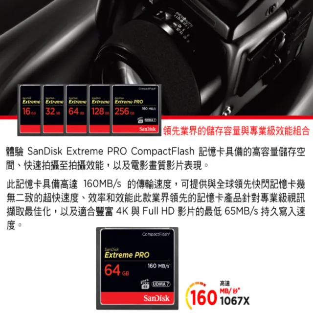 【SanDisk 晟碟】全新加速版 256GB Extreme Pro CF 記憶卡 4K支援(最高讀速160MB/s 有限永久保固)
