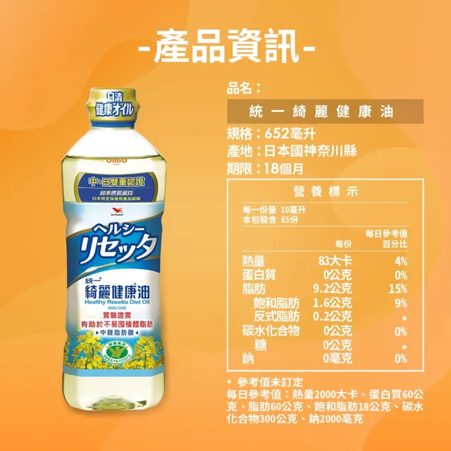 【統一】綺麗健康油4入組(652ml/入)(國家健康食品認證有助於不易形成體脂肪)