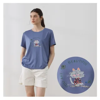 YS 巧心格紋貓咪插畫涼感T-霧藍