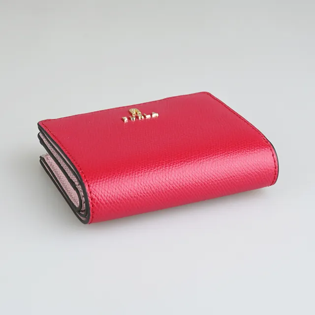 【FURLA 芙拉】FURLA 雷雕鍍金字LOGO Camelia系列小牛皮4卡按釦式零錢短夾(寶石紅x淡粉紅)