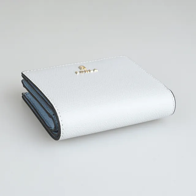【FURLA 芙拉】FURLA 雷雕鍍金字LOGO Camelia系列小牛皮4卡按釦式零錢短夾(水晶白x灰藍)