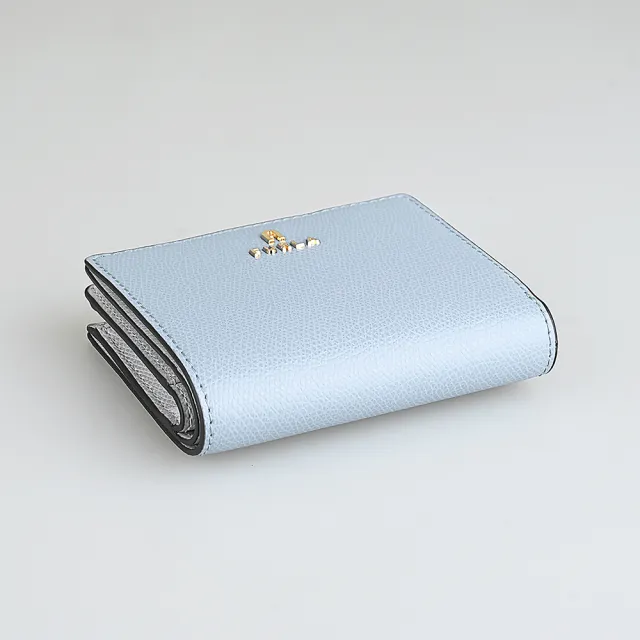 【FURLA 芙拉】FURLA 雷雕鍍金字LOGO Camelia系列小牛皮4卡按釦式零錢短夾(灰藍x水晶白)
