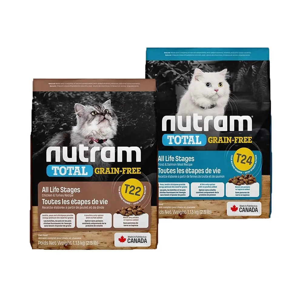 【Nutram紐頓】新客組2入T22/T24無穀全能系列貓飼料2kg/4.4lb(火雞/鮭魚) 