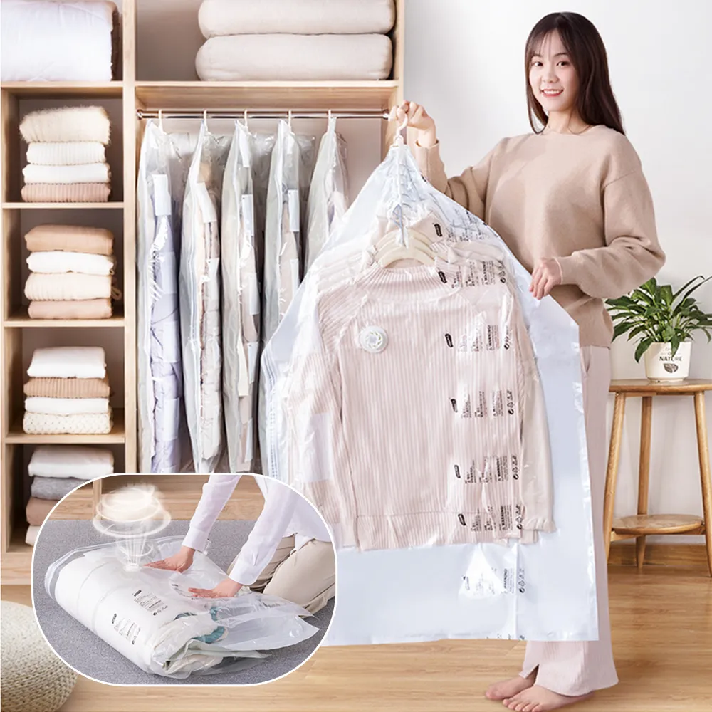 【太力TAI LI 2入組】垂掛式免抽氣真空衣服防塵套 西裝大衣壓縮收納袋 真空衣物防塵套(雙立體吊掛)