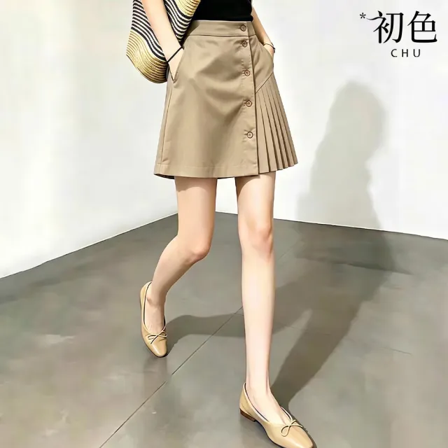 【初色】韓系休閒風百搭氣質壓褶層次設計A字短裙中長裙半身裙-4款任選-52358(M-2XL可選)