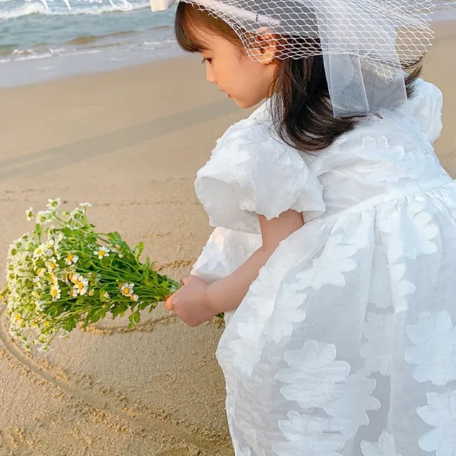 【橘魔法】純白刺繡花朵紗質小包袖洋裝 女童 童裝 兒童 白色洋裝 短袖洋裝 連身裙 連衣裙