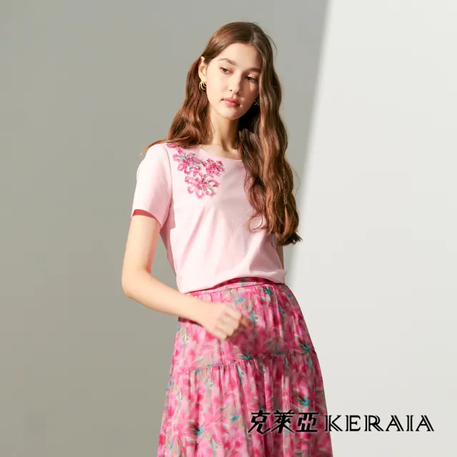 【KERAIA 克萊亞】桃粉戀花影立體花飾棉上衣