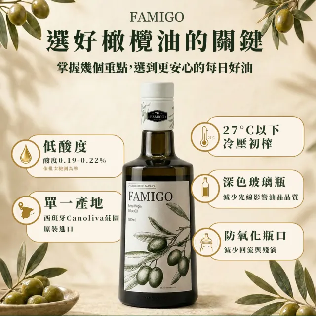 【FAMIGO】法米戈 西班牙原裝 冷壓特級初榨橄欖油 500ml×3入 經典款 (可生飲/酸度小於0.22%/橄欖為Picual)
