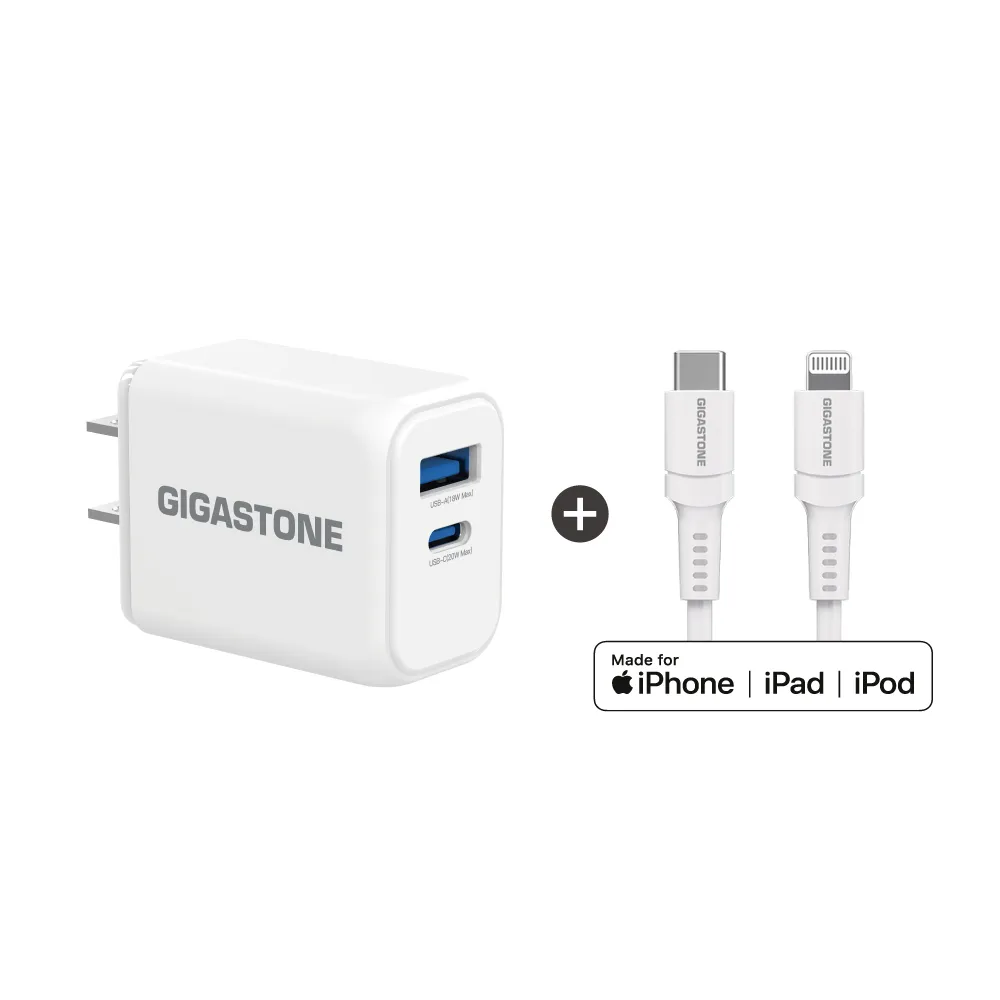 【Gigastone 立達國際】20W雙孔急速快充充電器 + Type-C to Lightning 頻果認證充電線組合(iPhone 14以下)