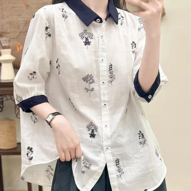【MU YI YANG 慕衣洋】刺繡翻領寬鬆短袖上衣