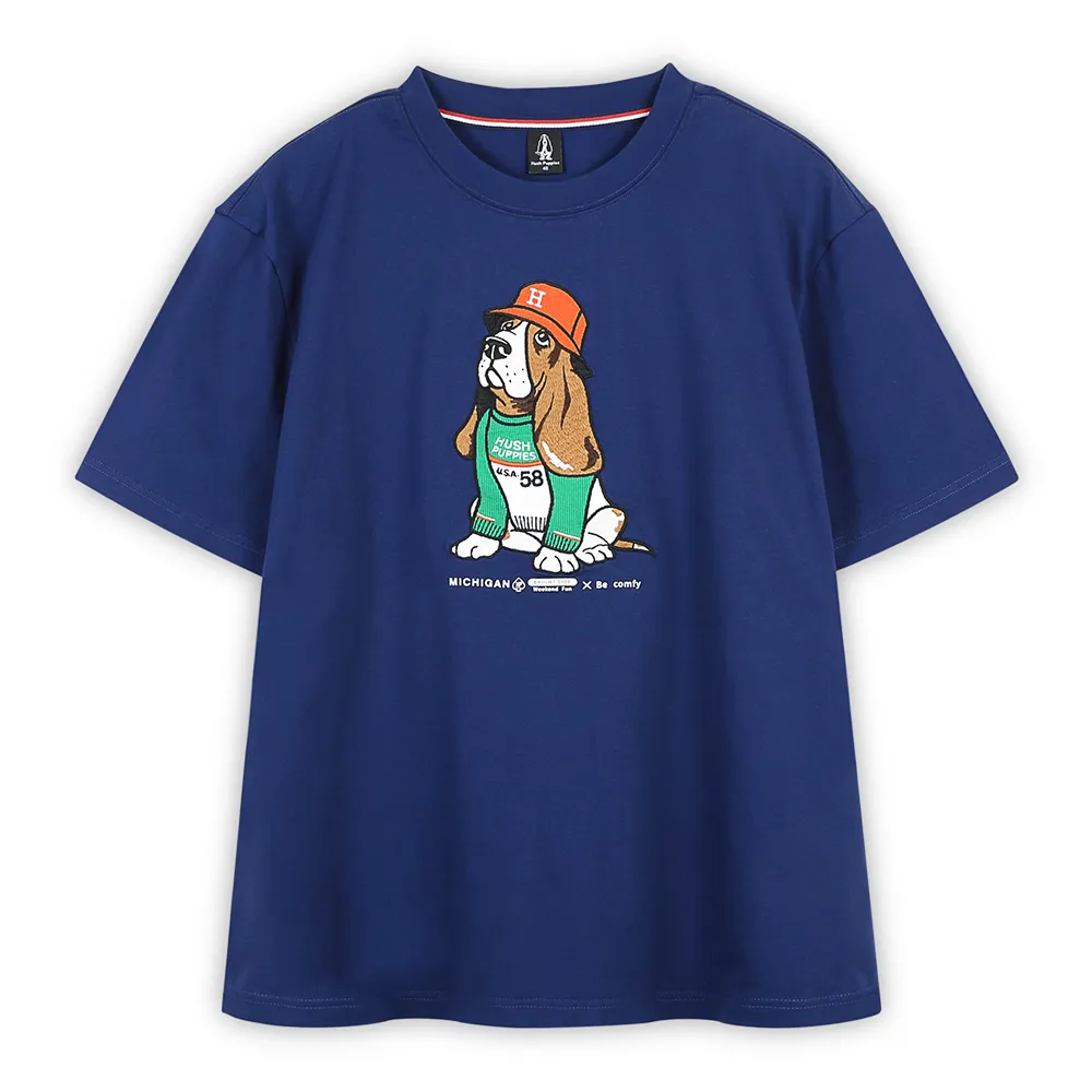 【Hush Puppies】男裝 T恤 素色Q版漁夫帽狗寬版短袖T恤(深藍 / 54111902)