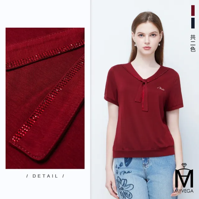 【MYVEGA 麥雪爾】MA水手亮鑽領結刺繡/壓褶領幸運草上衣-二款任選(日系/女上衣/棉T/長袖)