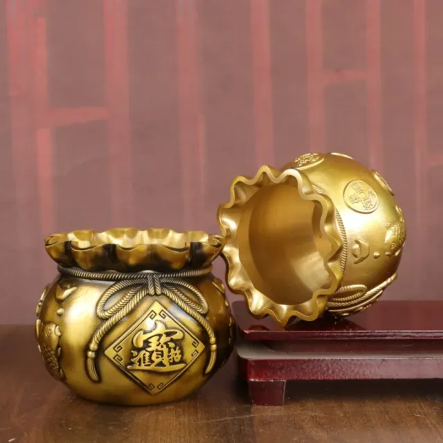 匠俱 招財金錢袋 黃銅聚寶盆 口徑8cm高7cm 招財福袋銅缸擺件 仿古工藝客廳辦公室玄關裝飾