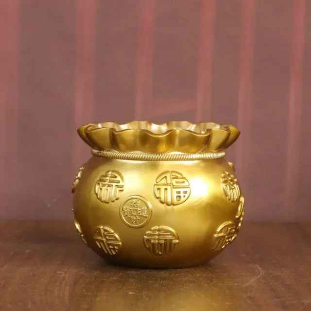 匠俱 招財金錢袋 黃銅聚寶盆 口徑8cm高7cm 招財福袋銅缸擺件 仿古工藝客廳辦公室玄關裝飾