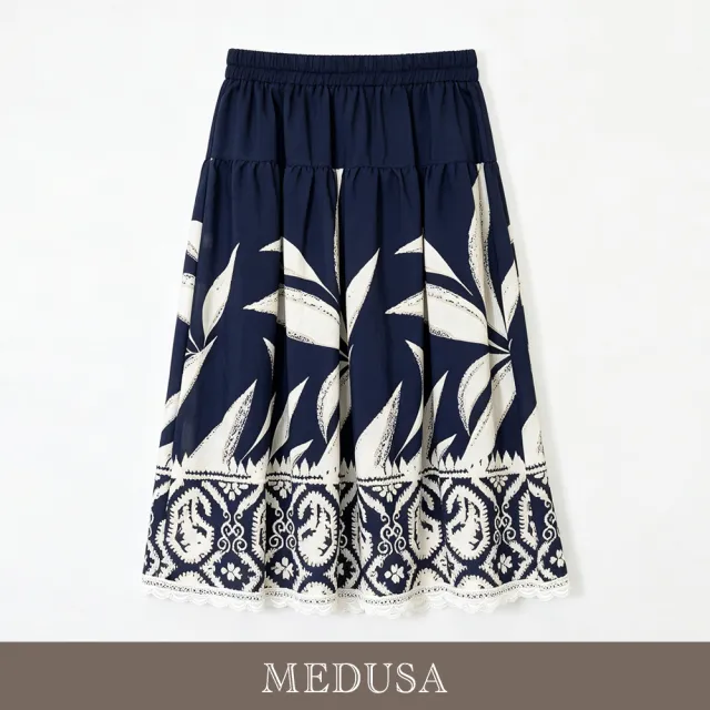 【MEDUSA 曼度莎】現貨-台灣製 深藍蕾絲滾邊天絲棉印花裙（M-XL）｜長裙穿搭 短裙穿搭 天絲棉
