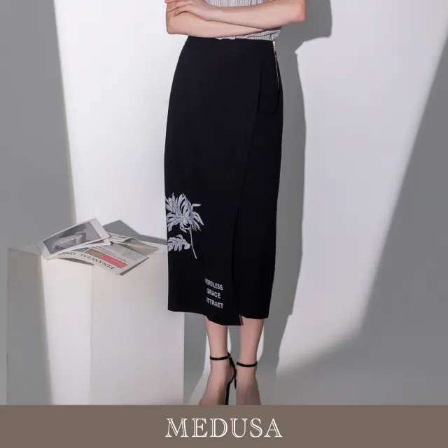 【MEDUSA 曼度莎】現貨-都會個性花卉文字側蓋中長裙（M-XL）｜長裙穿搭 中長裙 都會穿搭