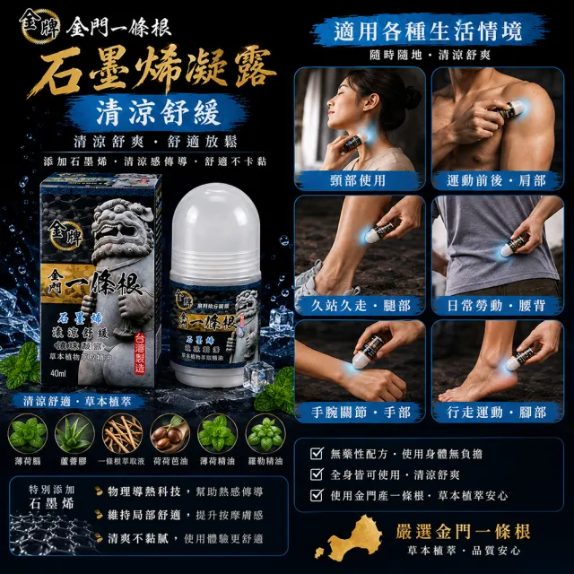 【金牌一條根】金門一條根精油石墨烯滾珠凝露40mlx3罐-清涼舒緩(40ml/罐;石墨烯/一條根/涼感/大滾珠/痠痛)