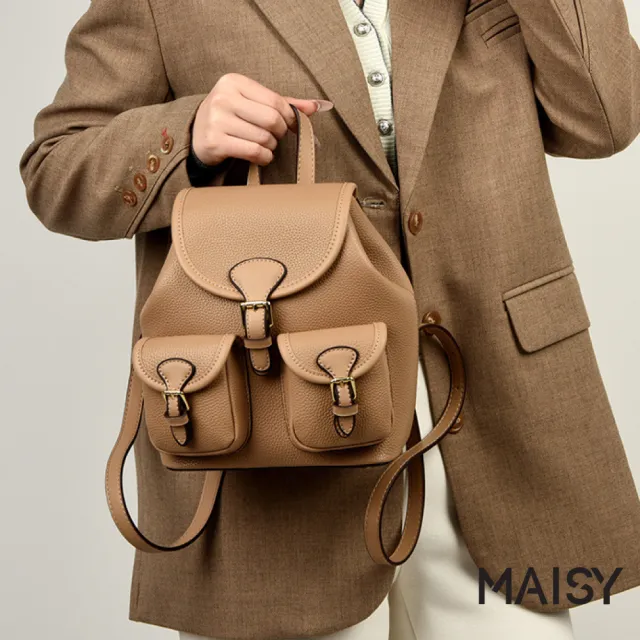 【MAISY】真皮金扣啞光質感荔枝紋後背包 雙肩包(卡其色 / 深卡其 / 黑色)