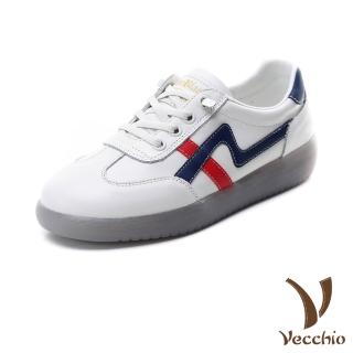 【Vecchio】真皮休閒鞋 厚底休閒鞋 撞色休閒鞋/全真皮頭層牛皮撞色線條經典平底休閒鞋 小白鞋(藍)