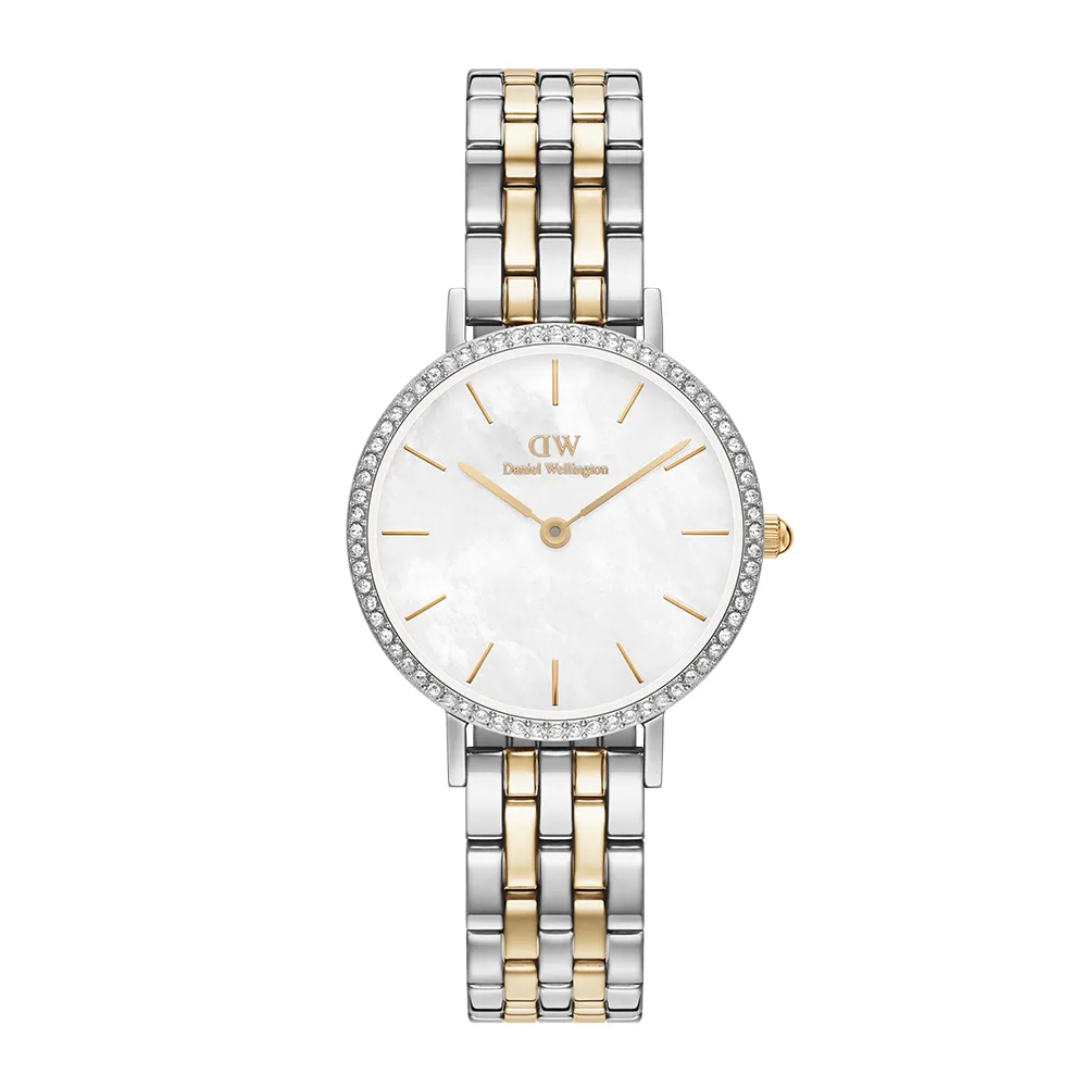 【Daniel Wellington】DW 手錶 Petite Lumine Bezel 28mm 星環貝母盤珠寶式雙色錶鏈(DW00100665)