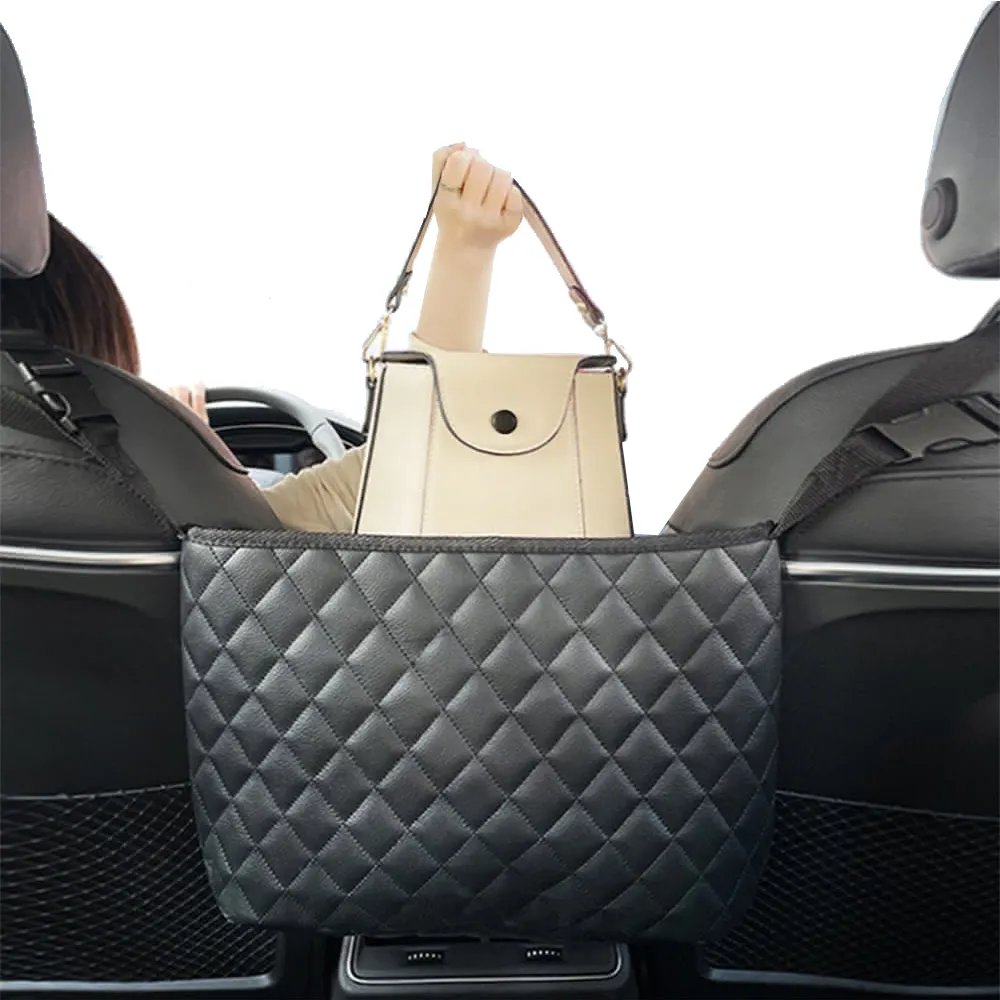 【幸福揚邑】菱格紋汽車座椅間置物袋車用椅背皮革收納袋