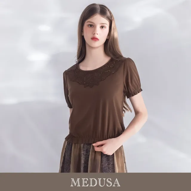 【MEDUSA 曼度莎】現貨-深棕蕾絲刺繡領造型上衣（M-XL）｜女上衣 短袖上衣 蕾絲上衣