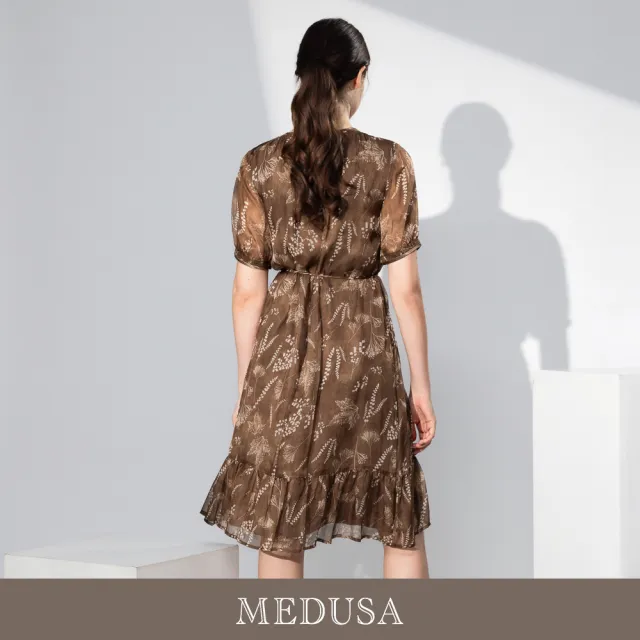 【MEDUSA 曼度莎】現貨-輕熟優雅棕色綁帶碎花真絲洋裝（M-XL）｜真絲洋裝 碎花洋裝 約會穿搭
