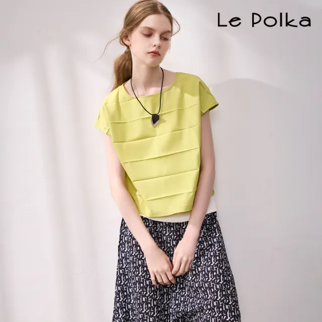 【Le Polka】圓領壓褶短袖上衣-女
