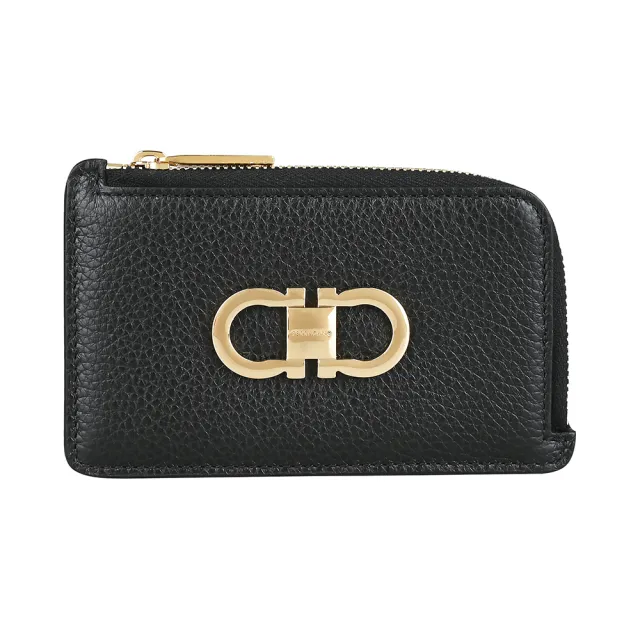 【Salvatore Ferragamo】FERRAGAMO精品小牛皮金屬LOGO拉鍊零錢卡片包(黑)