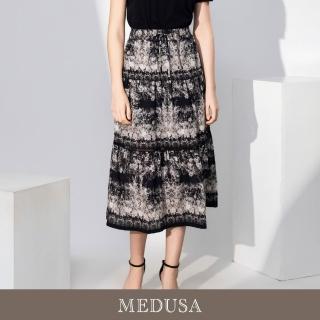 【MEDUSA 曼度莎】現貨-浪漫黑白印花層次蛋糕長裙（M-XL）｜層次長裙 雪紡長裙 鬆緊腰
