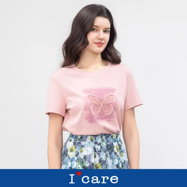 【I’Care 依卡】現貨-粉霧蝴蝶純棉T恤 - 2色（F）｜純棉T恤 休閒上衣 甜美穿搭