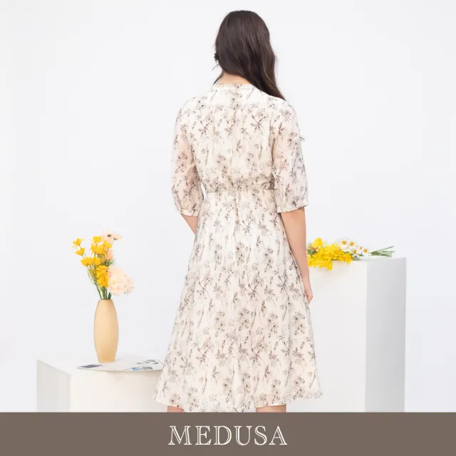 【MEDUSA 曼度莎】現貨-粉白素雅花影綁結天絲棉洋裝（M-XL）｜天絲洋裝 氣質穿搭