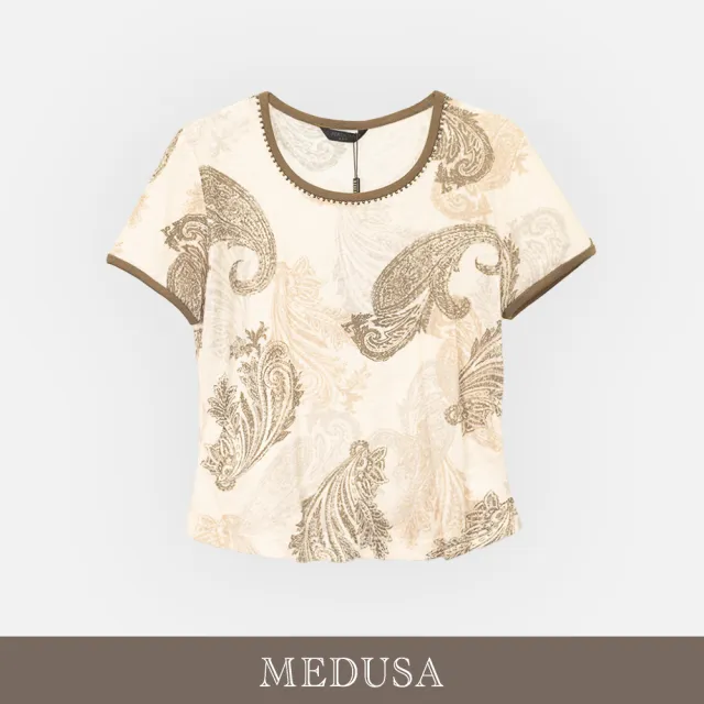 【MEDUSA 曼度莎】現貨-柔白佩斯利珠串圓領上衣（M-2L）｜珠串上衣 休閒上衣 短袖上衣