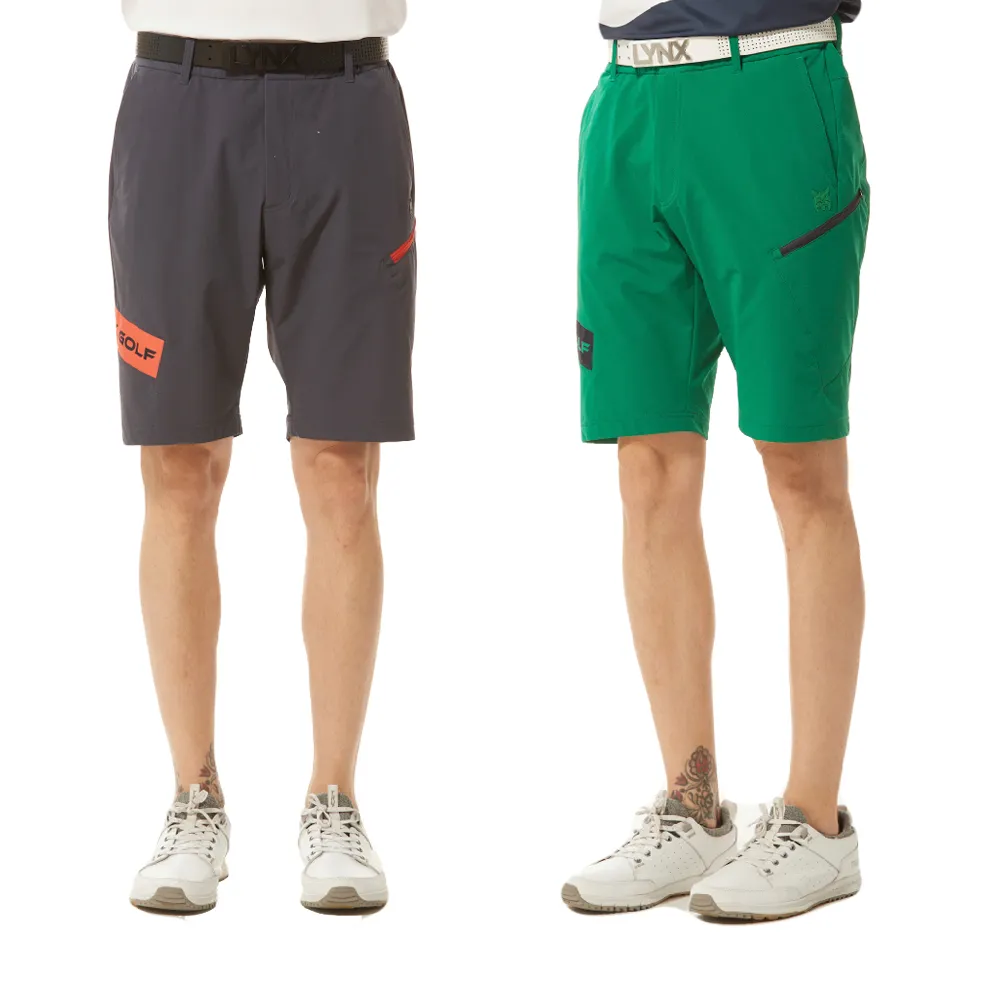 【Lynx Golf】首爾高桿風格！男款彈性舒適LOGO字樣配布剪接側邊拉鏈口袋設計平口休閒短褲(二色)