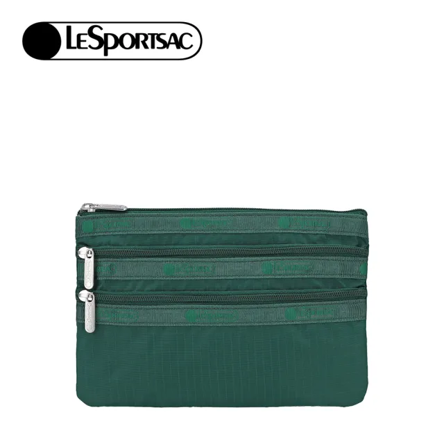 【Lesportsac】3-Zip Cosmetic 三層拉鍊化妝包 收納包 盥洗包 女包 男包(森林綠)