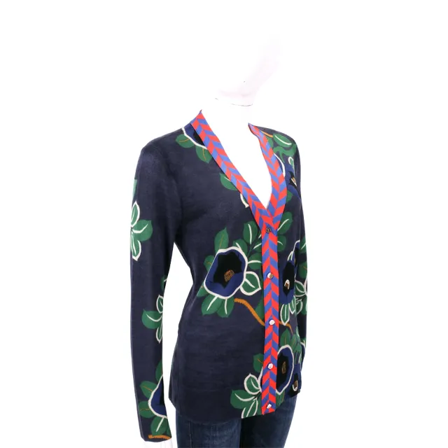 【TORY BURCH】Lorna Floral 綠葉藍印花美麗諾羊毛針織外套(長袖 上衣 TB)