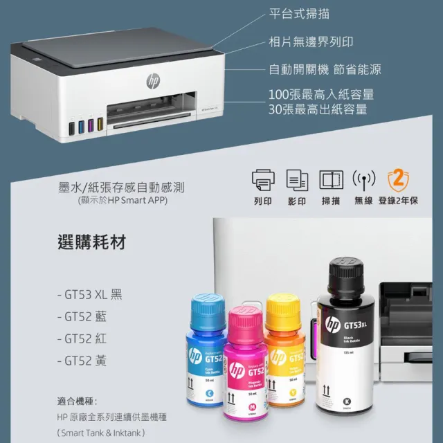 【HP 惠普】官方直營 搭1組1黑3彩墨水★Smart Tank 580 Wifi連續供墨複合機(列印/影印/掃描/無線 5D1B4A)